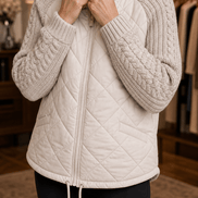 Women's Quilted Puffer Jacket with Knit Panel Trim at Waist and Cuffs