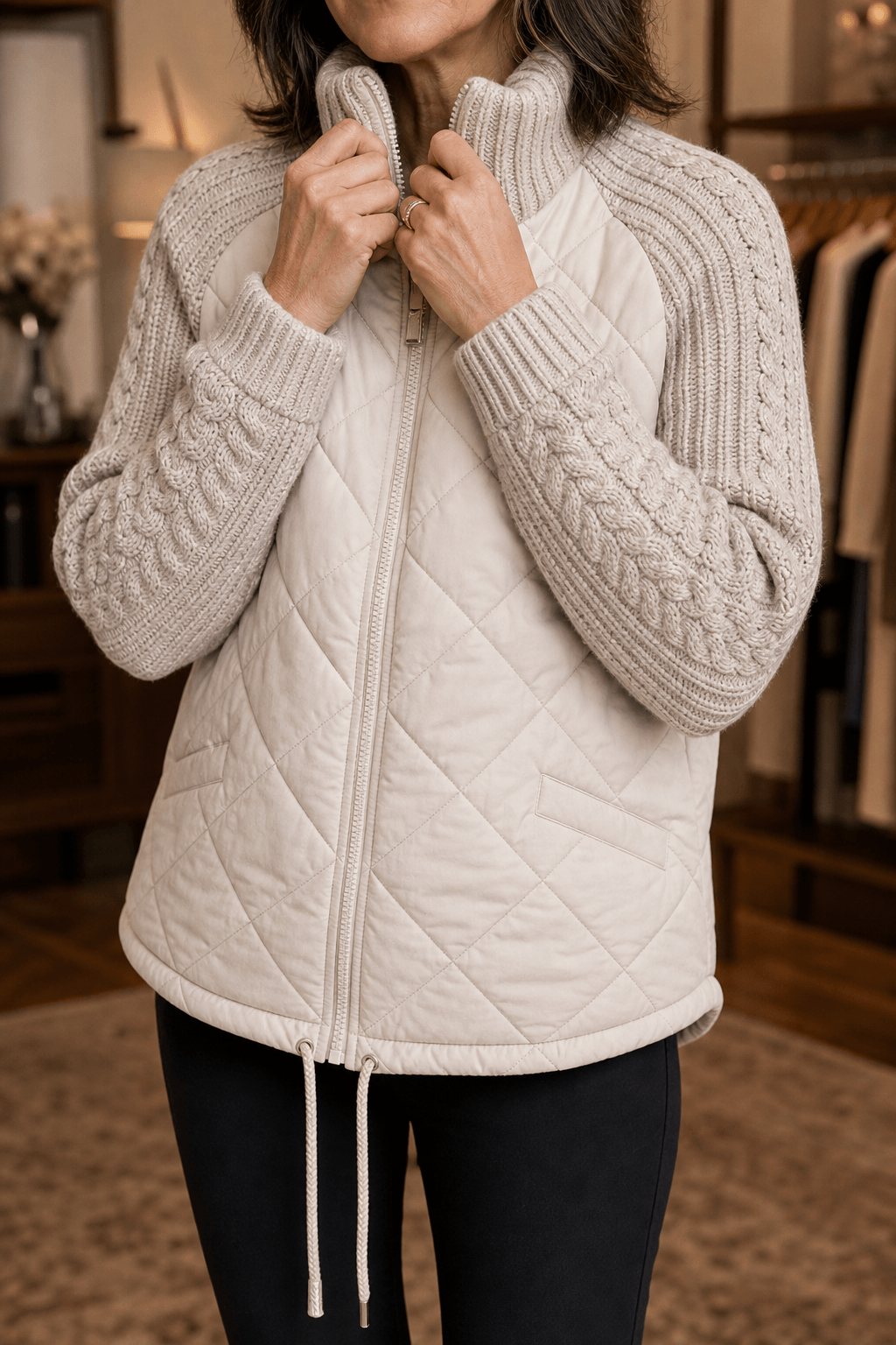 Women's Quilted Puffer Jacket with Knit Panel Trim at Waist and Cuffs