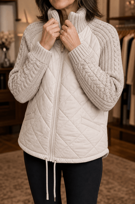 Women's Quilted Puffer Jacket with Knit Panel Trim at Waist and Cuffs