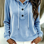 Women's Long-Sleeve Velvet Hoodie with Button Placket and Drawstring