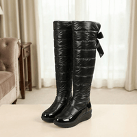 Velura Women's Black Fleece-Lined Quilted Puffer Over-the-Knee Boots with Bow Detail