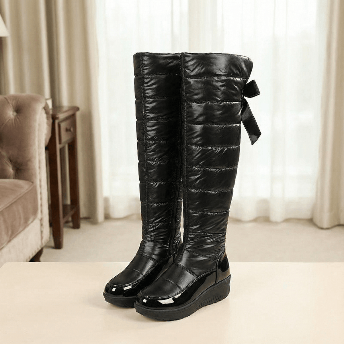 Velura Women's Black Fleece-Lined Quilted Puffer Over-the-Knee Boots with Bow Detail
