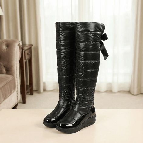 Velura Women's Black Fleece-Lined Quilted Puffer Over-the-Knee Boots with Bow Detail