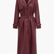 Long Belted Faux Leather Trench Winter Coats Women Solid