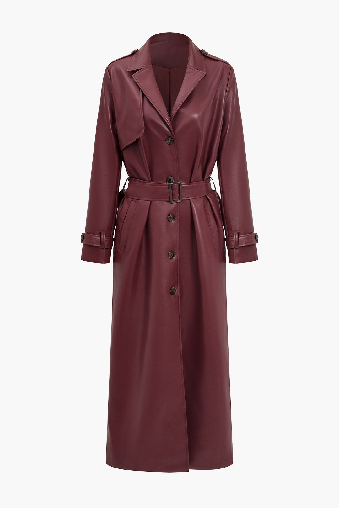 Long Belted Faux Leather Trench Winter Coats Women Solid