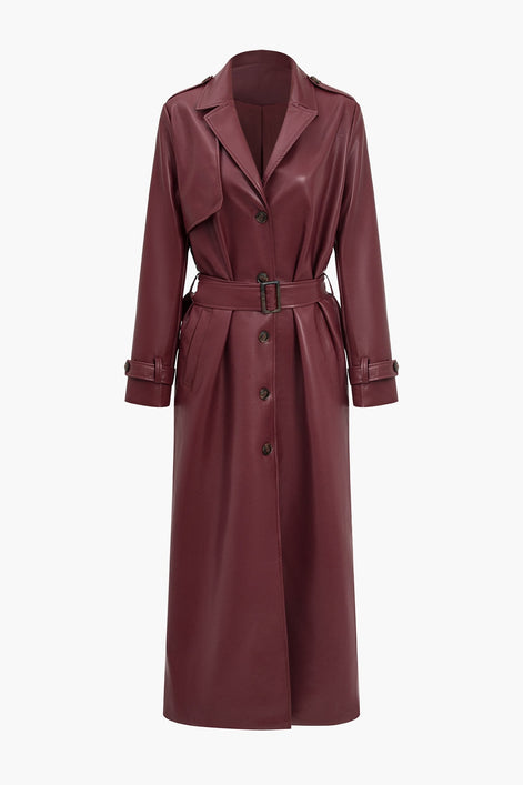 Long Belted Faux Leather Trench Winter Coats Women Solid