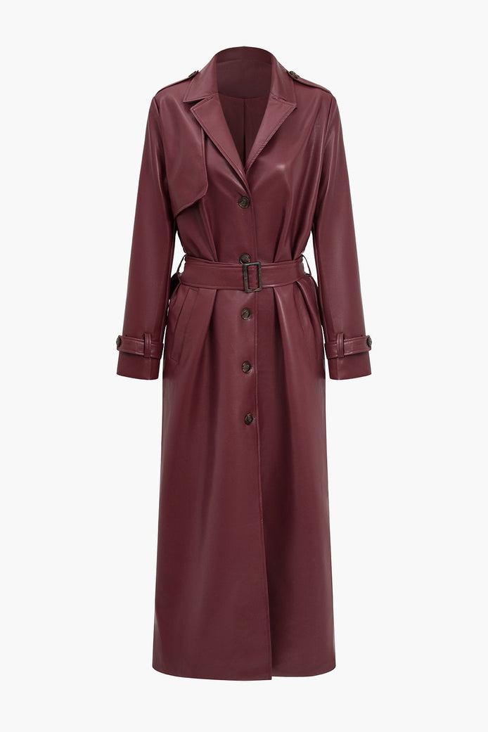 Long Belted Faux Leather Trench Winter Coats Women Solid