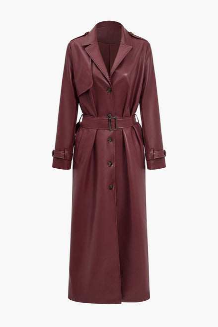 Long Belted Faux Leather Trench Winter Coats Women Solid