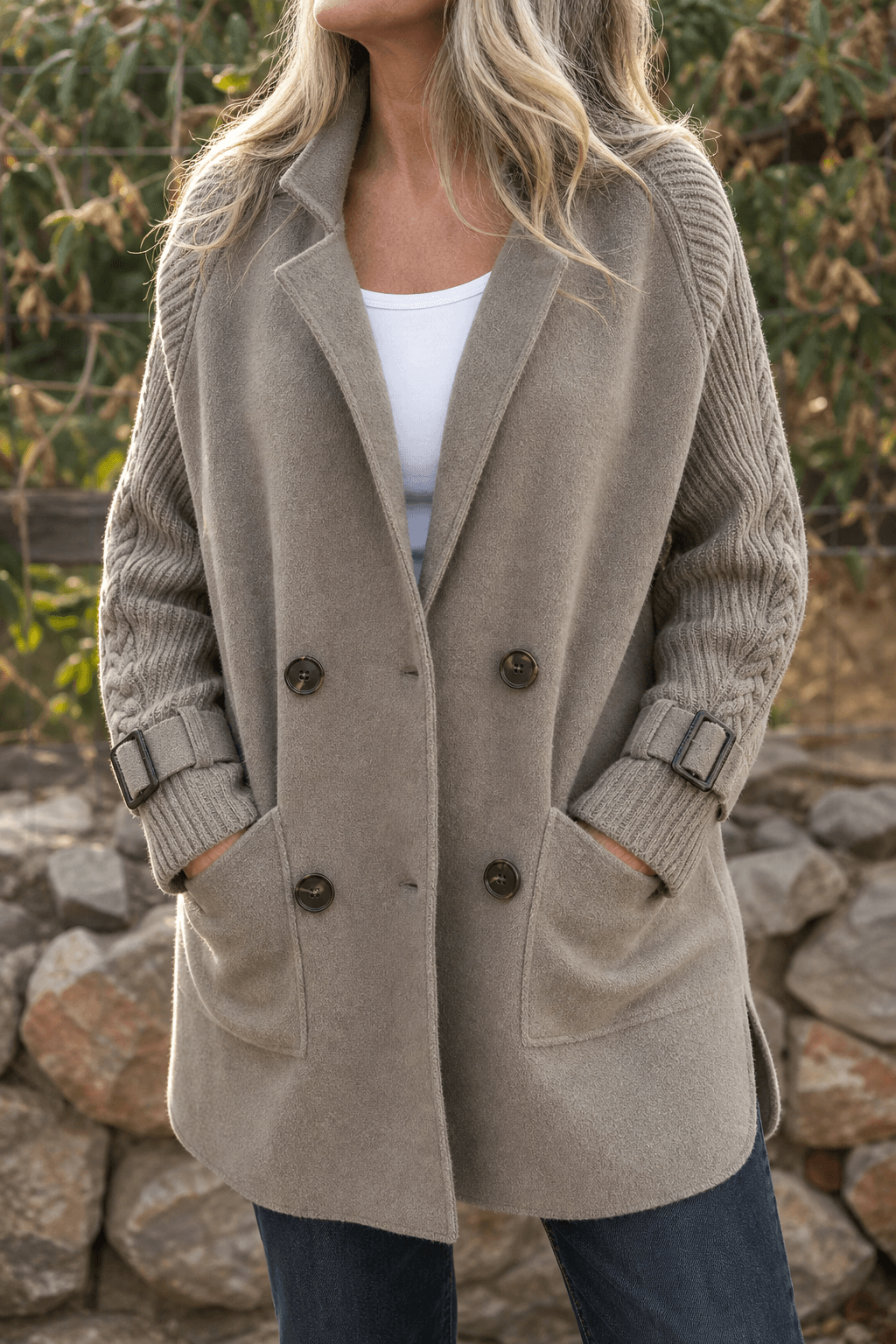 Isola Women's Cable-Knit Sleeve Double-Breasted Longline Winter Coat