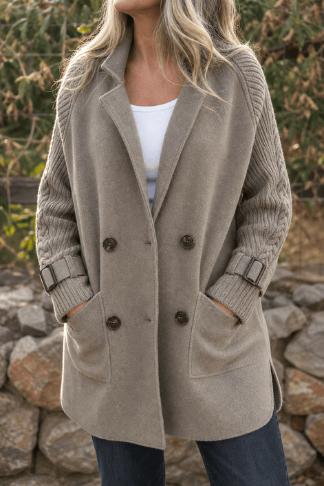 Isola Women's Cable-Knit Sleeve Double-Breasted Longline Winter Coat