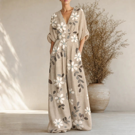 Floral Print Wide-Leg Jumpsuit with Tie Waist and Pockets