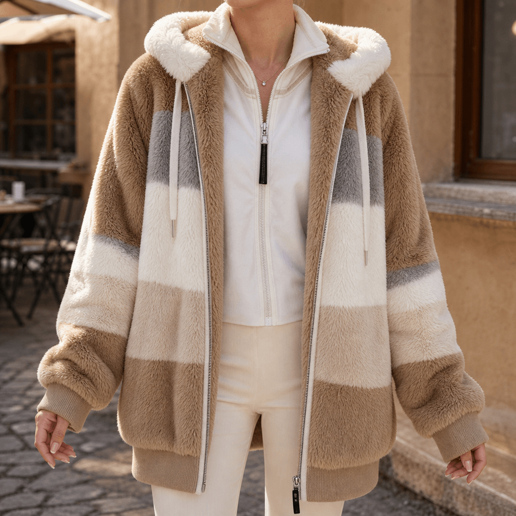 Women's Oversized Color-Block Faux Fur Winter Coat with Hood