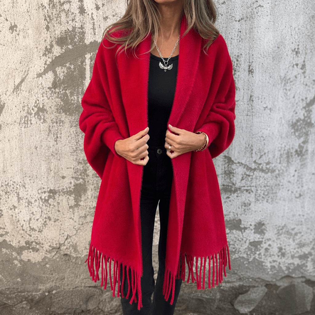 Women's Fringed Draped Shawl Collar Open-Front Wool Wrap Coat for Winter