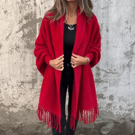 Women's Fringed Draped Shawl Collar Open-Front Wool Wrap Coat for Winter