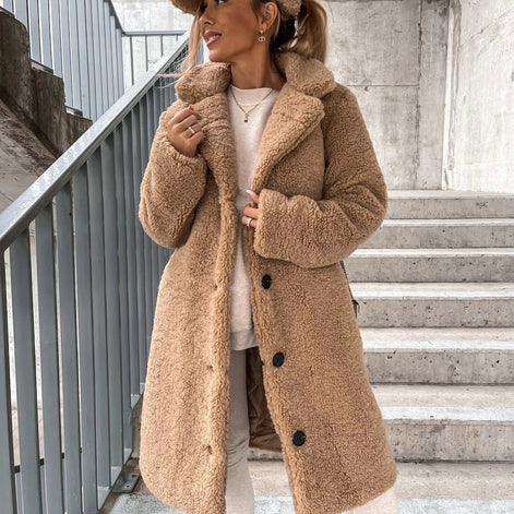 Oversized Teddy Fleece Long Coat with Collar for Winter