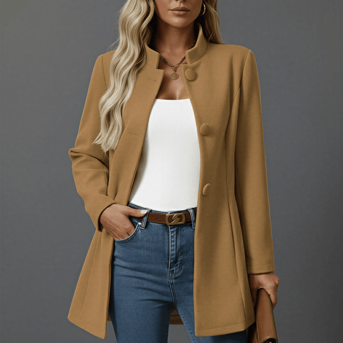 Women's Woven Button-Down A-Line Coat with Stand Collar