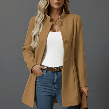 Women's Woven Button-Down A-Line Coat with Stand Collar