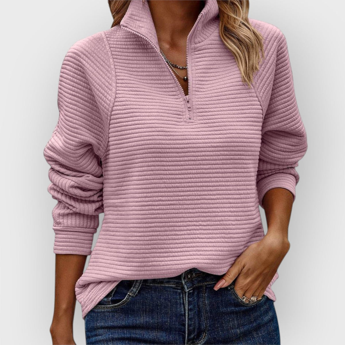 Chrystah Ribbed Quarter-Zip Pullover with Stand Collar