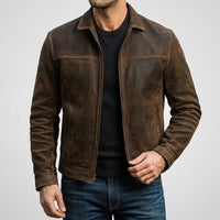 Men's Distressed Leather Jacket with Zip Closure