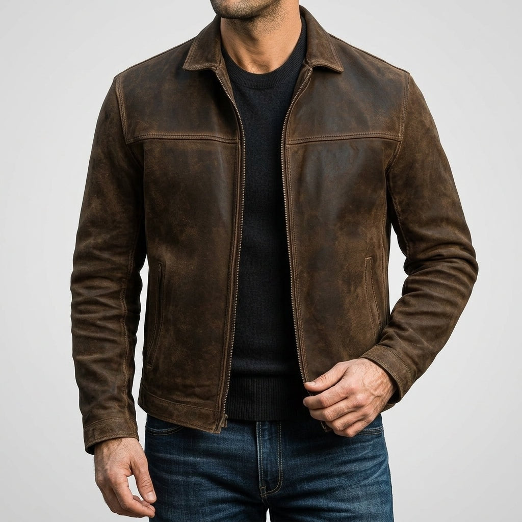 Men's Distressed Leather Jacket with Zip Closure
