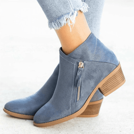 Synthetic Suede Ankle Winter Boots with Side Zip and Block Heel