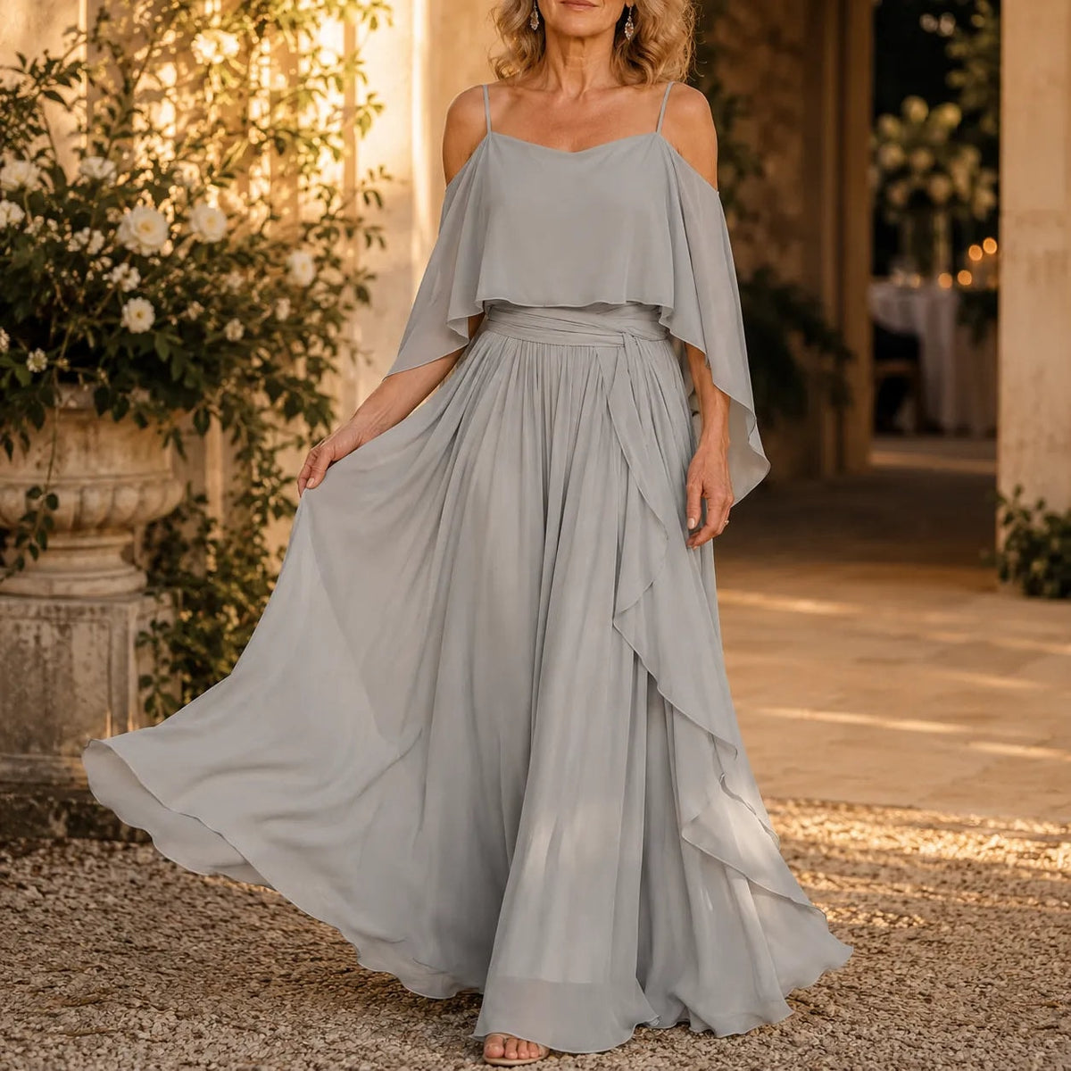 Cold Shoulder Chiffon Women's Midi Dress with Cascading Side Drape