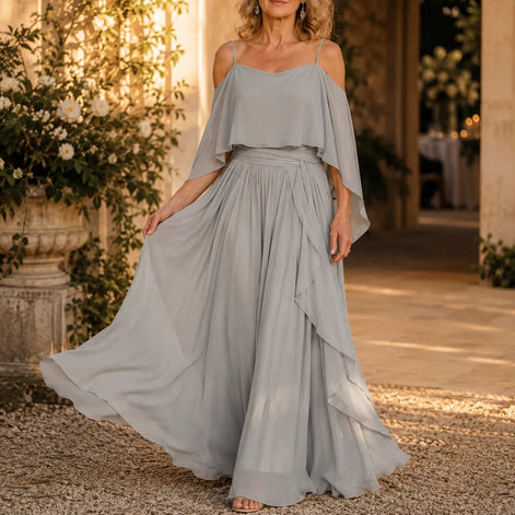 Cold Shoulder Chiffon Women's Midi Dress with Cascading Side Drape