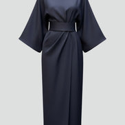 Belted Satin Midi Dress with Draped Skirt for Christmas Parties