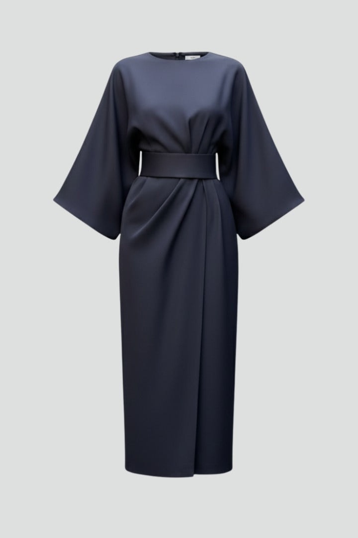 Belted Satin Midi Dress with Draped Skirt for Christmas Parties