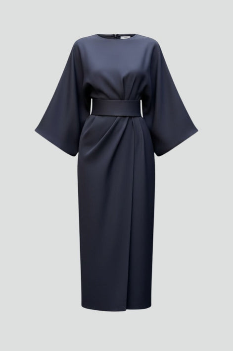 Belted Satin Midi Dress with Draped Skirt for Christmas Parties