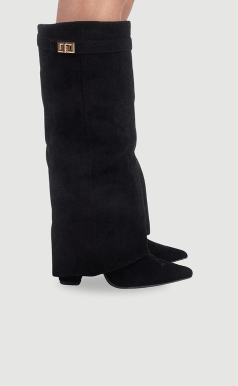 Suede Fold-Over Boots with Gold Buckle Detail for Women