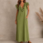 Ruffled V-Neck Linen-Cotton Women's Midi-to-Maxi Dress with Pockets