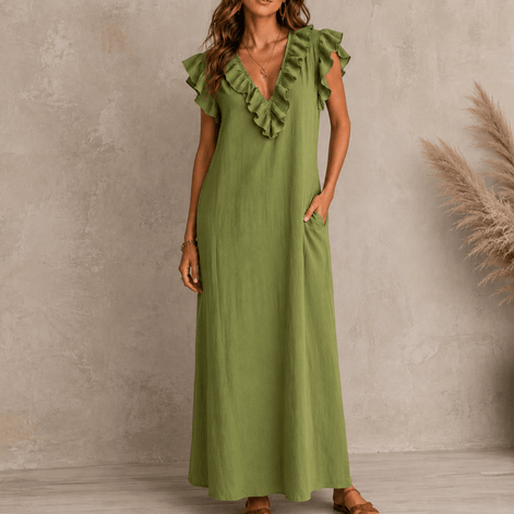 Ruffled V-Neck Linen-Cotton Women's Midi-to-Maxi Dress with Pockets