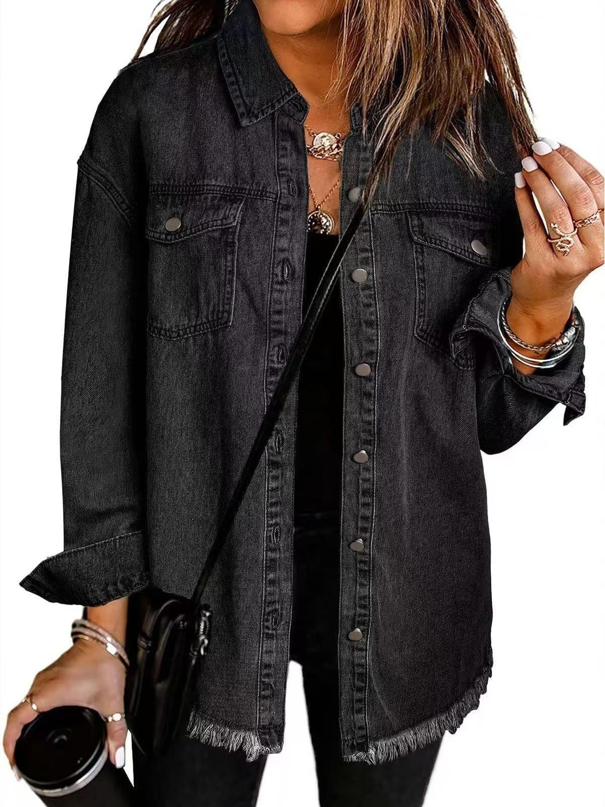 Wilda Women's Oversized Denim Shirt Coat with Frayed Hem