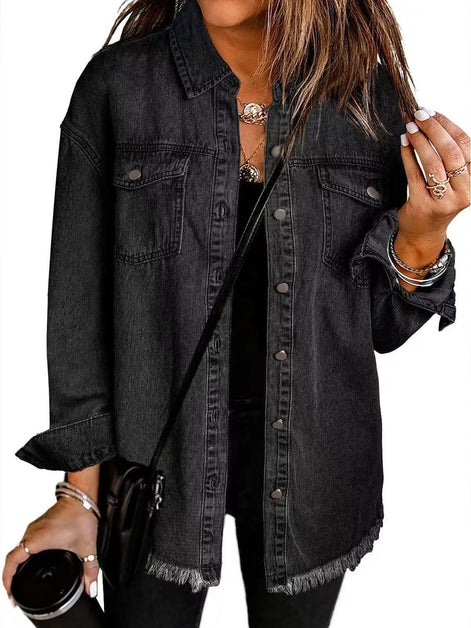 Wilda Women's Oversized Denim Shirt Coat with Frayed Hem