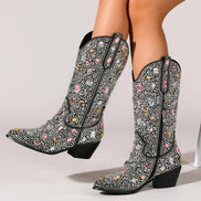 Rhinestone Embellished Western Style Mid-Calf Black Boots