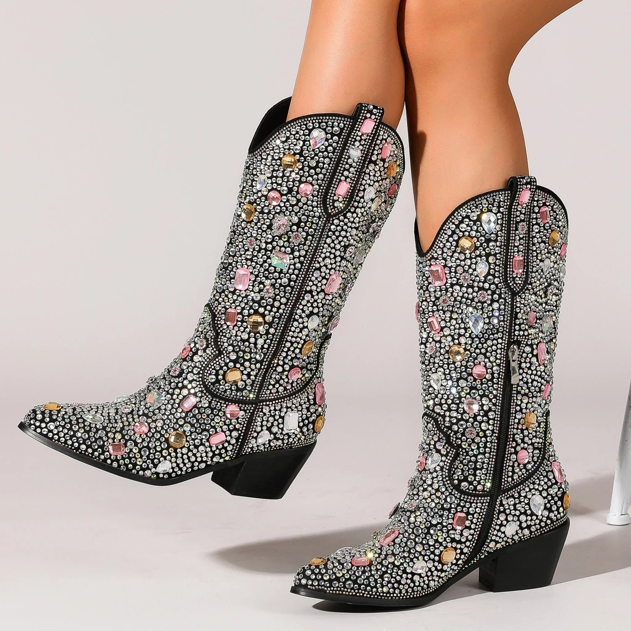 Rhinestone Embellished Western Style Mid-Calf Black Boots