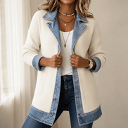 Women's Ribbed Knit Cardigan Coat with Denim Panel Trim