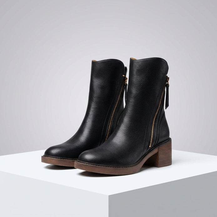 Bellora Zip-Detail Leather Ankle Boots for Women with Block Heel
