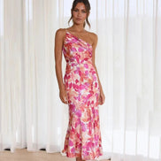 One Shoulder Floral Satin Midi Christmas Party Dress in Pink