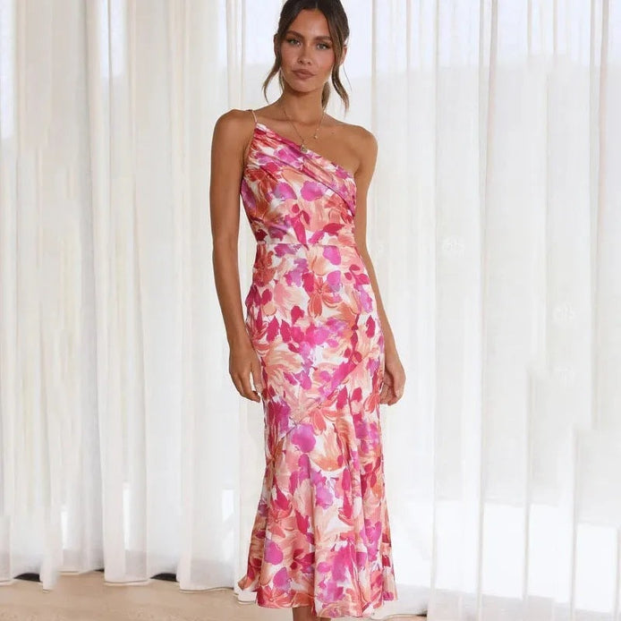 One Shoulder Floral Satin Midi Christmas Party Dress in Pink