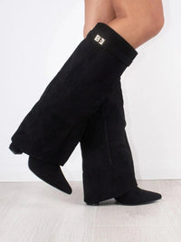 Fold-Over Pointed Toe Knee-High Suede Boots with Structured Fit for Women