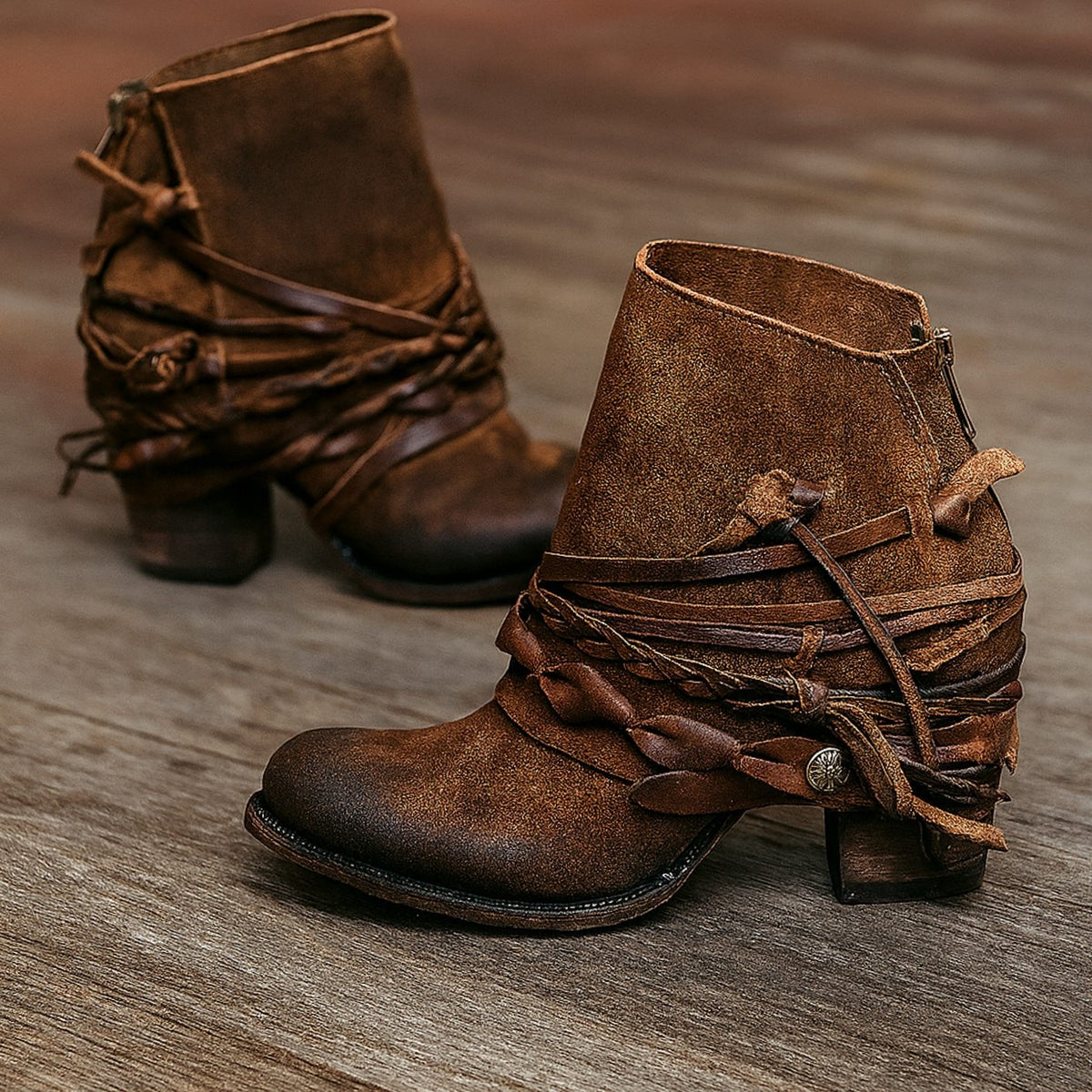 Women's Boho Western Faux Leather Ankle Boots with Wrap Strap and Block Heel