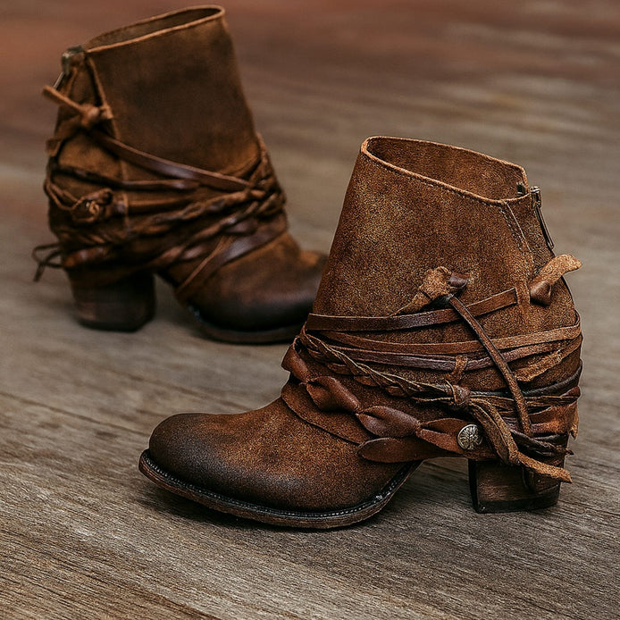 Women's Boho Western Faux Leather Ankle Boots with Wrap Strap and Block Heel