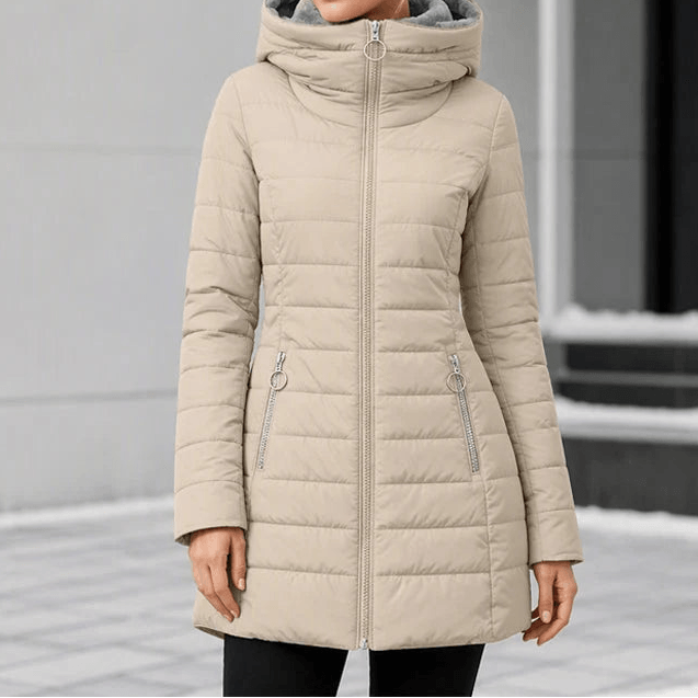 Women's Quilted Hooded Puffer Jacket with Zip Pockets and Insulated Lining