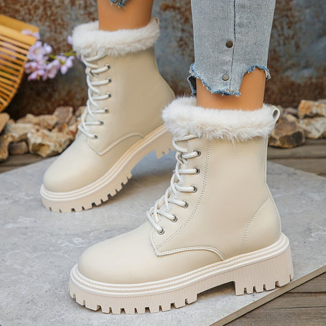 Faux Fur-Trimmed Lace-Up Platform Boots for Women with Lug Sole