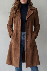 Women's Suede-Finish Longline Tailored Winter Coat with Notched Collar