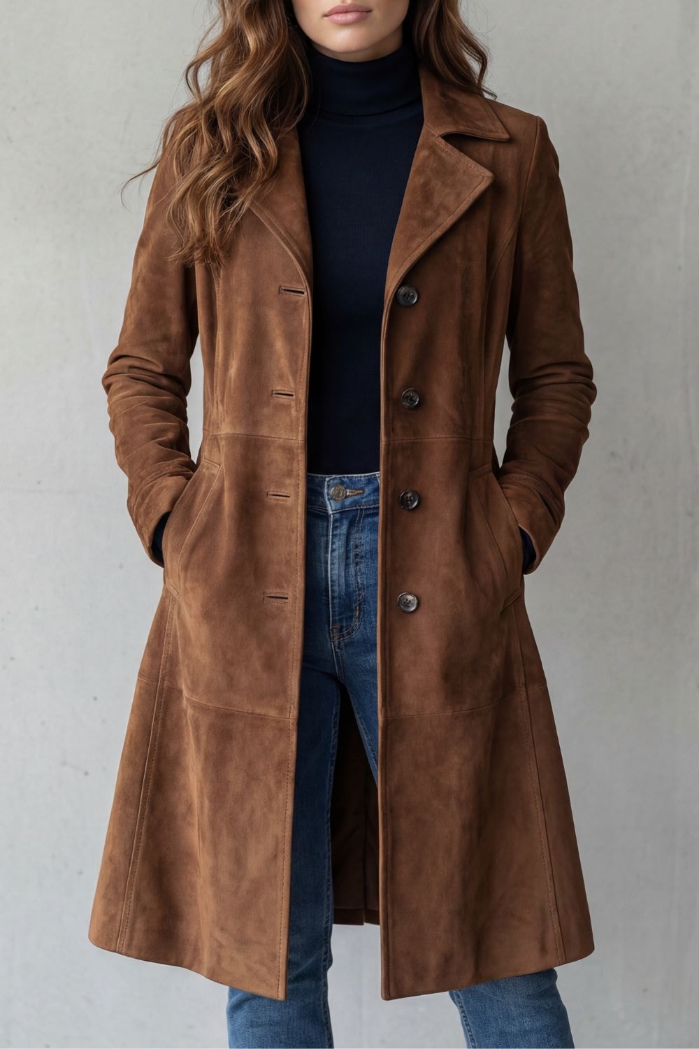 Women's Suede-Finish Longline Tailored Winter Coat with Notched Collar