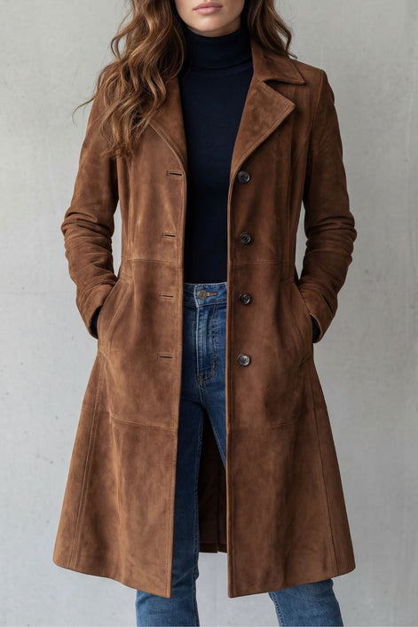 Women's Suede-Finish Longline Tailored Winter Coat with Notched Collar