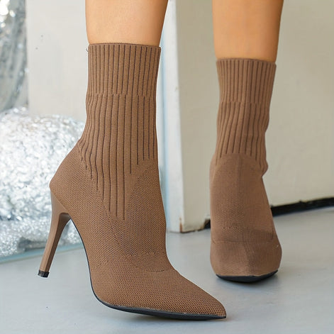 Pointed-Toe Ribbed Knit Women's Ankle Boots with Stiletto Heel